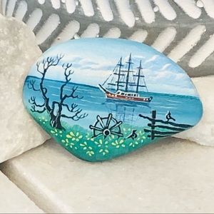 Hand painted stone rock Boat Nautical